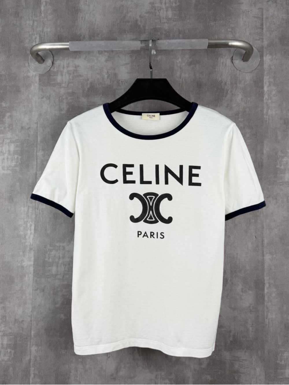 🚩steal Celine White Tee with Black Logo and Navy Trim